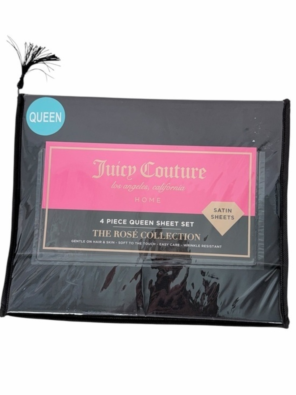 Juicy Couture Queen Satin Sheet Set The Rose Collection Black 4 Piece sheet Set